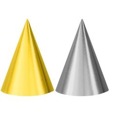 two metallic and one silver cones are shown side by side on a white background