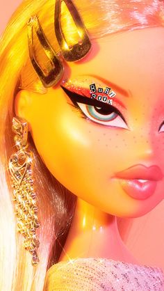 a close up of a barbie doll with bright makeup