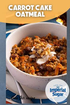 a bowl filled with carrot cake oatmeal sitting on top of a plate