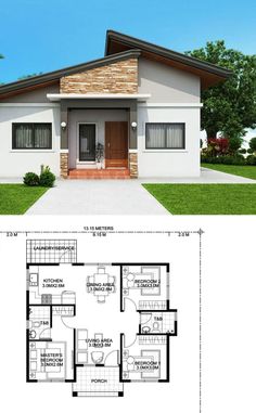 two story house plan with 3 bedroom and 2 bathrooms in the front, an open floor plan