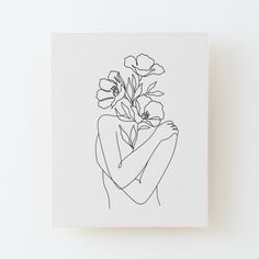 a black and white drawing of a woman holding flowers