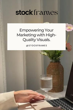 a woman sitting at a desk with a laptop on her lap and the words, stockframes emporing your marketing with high - quality visual