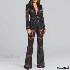 Olivia Mark - Elegant Floral Embroidered Bootcut Sheer Mesh Sequined Blazer and Matching Set Lace Suit, Lace Blazer, Chic Blazer, Blazer Set, Blazer Designs, Outfit Making, Junior Outfits, Look Plus, Pant Set