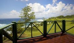 a wooden deck overlooking the ocean with green railings and trees in the foreground