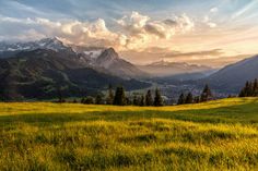 the sun shines brightly in the mountains above a grassy field with trees and grass