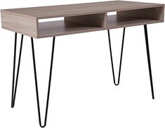 a wooden table with two black hairpinks on the legs and an open shelf