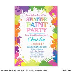 an art party flyer with colorful paint splattered on the front and back side