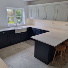 an empty kitchen with black cabinets and white counter tops, two stools in front of the sink