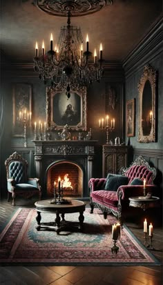 an ornate living room with chandelier, couches and candles in the fireplace