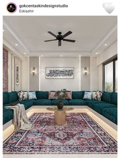 a living room filled with furniture and a ceiling fan in the middle of the room