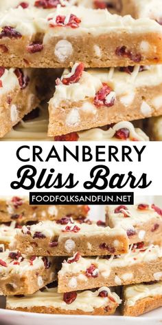 cranberry bliss bars with white frosting on top and the title above it