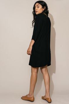 Black-Woven-Batwing-Dress Relaxed Fit Dress With Rolled Sleeves For Fall, Oversized 3/4 Sleeve Day Dresses, Fall Workwear Dress With Curved Hem, Upcycled Dress, Glamorous Fashion, Batwing Dress, Everyday Dress, Garment Industry, Rayon Dress