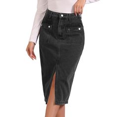 Elevate your style with the fashionable Denim Skirt for Women! This versatile skirt features a button-down design, flattering high waist, two functional pockets, and a playful split hem. Whether paired with a blouse, sweater, blazer, or high heels, it effortlessly enhances your chic look. A must-have addition to your wardrobe, this denim skirt combines comfort and style for any occasion, making it a fashion-forward essential. Chic Mid-rise Denim Skirt With Pockets, Chic Denim Skirt With Pockets, Chic Dark Wash Denim Skirt With Pockets, Fall Denim Pencil Skirt With Pockets, Chic High-waist Denim Skirt With Button Closure, Chic High Rise Denim Skirt With Button Zip Fly, Chic High Waist Denim Skirt With Button Closure, Black Denim Skirt With Button Closure, Chic Denim Skirt With Pockets For Fall