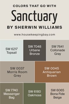 Colors That Go With Sanctuary SW 9583 Morris Room Grey Sherwin Williams, Sherwin Williams Sanctuary, Morris Room Grey, Gray Color Palette Living Room, Brown Grey Paint, Urbane Bronze, Sherwin Williams Color Palette, Family Room Paint, House Paint Color Combination