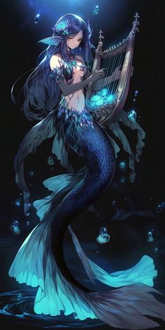 a mermaid holding a harp in her hands