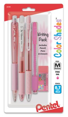 two pink pens and one white pen are in a package with the words writing back on it