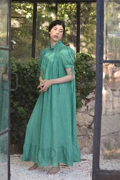 Venus Nap Dress in Emerald Gauze Linen – Luxe Provence - Slow Fashion from the South of France Elegant Nightgown, Nap Dress, Linen Gauze, Provence Style, Vintage Nightgown, Slow Fashion Brands, Linen Color, Silk Slip Dress, The South Of France