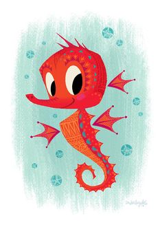 an orange and red seahorse with big eyes