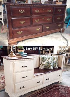 an old dresser has been refurposed into a bench for storage and reupholing