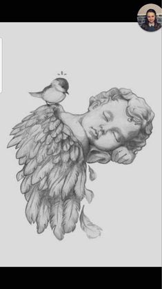 a pencil drawing of a child with a bird on his shoulder and the image of a woman's head