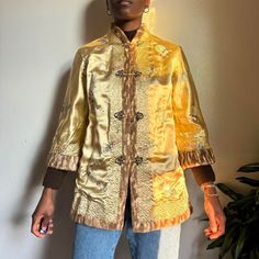 Vintage floral embroidered reversible gold/yellow Asian jacket with inside faux fur  Size: Unknown fits like a size S/M Model is size S  5'9 height 💛Please refer to measurements for accurate fit💛 Shoulder to shoulder: 17" Pit to pit: 20.5" Arm length: 18.5" Length: 31" Brand: Unknown  Material: Unknown  📌Please read shop policy📌 💕Ask me any questions💕 Gold Yellow, Coats Jackets Women, Vintage Floral, Favorite Outfit, Coats For Women, Faux Fur, Coats Jackets, Bathing Beauties, Jackets & Coats