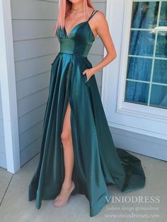 Teal Satin Prom Dress with Pockets High Slit Evening Gown FD2036 – Viniodress Teal Dresses Prom, Flowy Prom Dresses 2022, Teal Dress Prom, Caitlyn Kirraman, Teal Dress For Wedding, Teal Formal Dress, High School Prom Dress, Dress Grad, Teal Prom Dresses