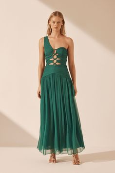 Margot One Shoulder Lace Up Maxi Dress | Evergreen | Dresses | Shona Joy Green One Shoulder Dress, Beach Formal, Asymmetrical Maxi Dress, Asheville Wedding, Dream Dresses, Shona Joy, Sheer Chiffon, Womens Designer Fashion, China Fashion