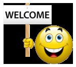 a yellow smiley face holding a welcome sign