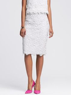 Scalloped White Lace Pencil Skirt White Pencil Skirt Outfit Classy, White Pencil Skirt Outfit, Lace Skirt And Blouse, Pencil Skirt Outfit, Spring Wishlist, White Pencil Skirt, White Lace Skirt, Lace Top Dress, Outfit Classy