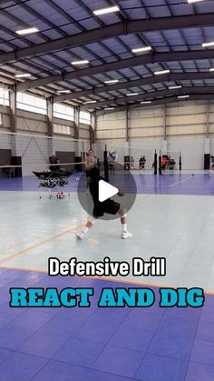 a man in black shirt and white shoes playing volleyball on an indoor court with text overlay that reads defensive drill react and dig