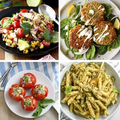 four different plates of food including pasta, salad and crab cakes