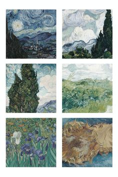 four different paintings with trees, flowers and clouds in the same color scheme on them