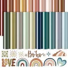 an assortment of color swatches with the words love in different font styles and colors