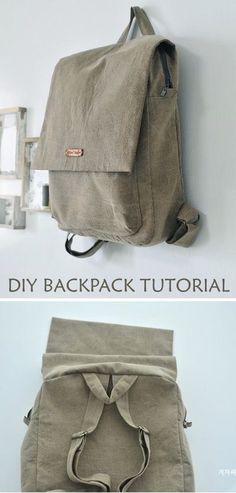 an image of a backpack hanging on the wall with text overlay that says diy backpack tutorial