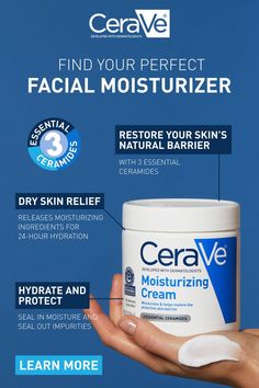 Applying a facial moisturizer is a crucial step in any skincare routine—no matter your skin type. Whether you have dry skin, oily skin, combination skin, acne-prone skin, or other skin concerns, CeraVe has a facial moisturizer for you. Cerave Moisturizer, Natural Hair Care Tips, Face Makeup Tips, Facial Moisturizer, Facial Moisturizers, Facial Cream, Body Skin Care Routine, Beauty Skin Care Routine