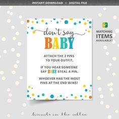 a baby shower card with the words don't say baby on it and polka dots