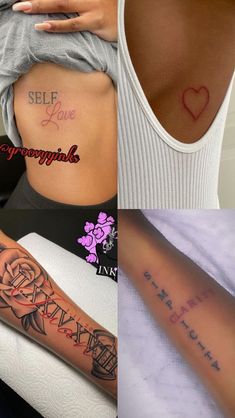 three different tattoos on the back of women's stomachs, one with an inscription that says self love