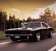 an old muscle car driving down the road with skulls on it's grilles