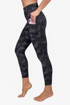 Camo printed high waisted leggings with functional side pockets. Workout Activewear With 5-inch Inseam And Side Pockets, Fitted Athleisure Bottoms For Running Errands, Activewear With Side Pockets For Sports, Black Athleisure Tights With Pockets, Casual Compression Activewear With Side Pockets, Activewear With Side Pockets And 5-inch Inseam For Workout, Casual Workout Tights With Pockets, Workout Activewear With Side Pockets And 5-inch Inseam, Athleisure Activewear With Pockets And 5-inch Inseam