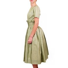 Vintage Suzy Perette Cocktail Dress Pale Green Silk 1950s Beauty 36-25-Free Gorgeous Retro A-line Vintage Dress For Formal Occasions, Vintage A-line Dress With Pleated Bodice, Mid-century A-line Dresses For Vintage Fashion, Mid-century Style A-line Vintage Fashion Dresses, Vintage Dresses With Pleated Bodice For Vintage Events, Vintage A-line Dress With Pleated Waist, 1950s Style Vintage Dress For Events, Classic Vintage Evening Dress For Summer, Vintage Tea-length Midi Dress With Fitted Bodice