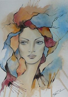 a watercolor painting of a woman's face with blue, yellow and red colors