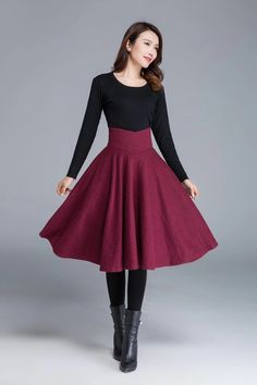 High waist swing wool skirt 1678# – XiaoLizi Wine Red Skirt, Pleated Skirts Knee Length, Sewing Skirt, Skirt Diy, Pencil Skirt Casual, Skirt Wool, Tailored Clothes, Skirt Knee Length, Chique Outfits