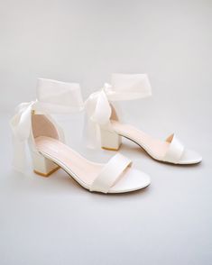 Ivory Satin Block Heel Sandal with Wrapped Ribbon Tie Fall Wedding Shoes, Bridesmaids Shoes, White Block Heels, Women's Slip Ons, Short Heels, Girls Heels, Bridesmaid Shoes, Bow Heels, White Heels