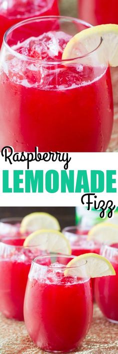 raspberry lemonade fizzes in glasses with limes on the rim