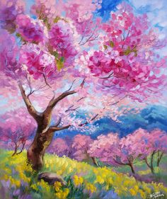 a painting of a tree with pink flowers