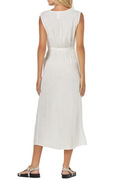 Move stylishly from pool to bar in this breezy cotton-kissed cover-up styled in a sleeveless silhouette. 51" length (size Medium) V-neck Sleeveless Unlined 85% viscose, 15% cotton Hand wash, line dry Imported Breezy V-neck Beach Dress For Daywear, Sleeveless Maxi Dress For Beach Season, Sleeveless Maxi Dress For Beach Daywear, Casual Linen V-neck Beach Dress, Beach Season V-neck Tie Waist Maxi Dress, Summer V-neck Cover-up For Daywear, V-neck Beach Dress For Summer Daywear, V-neck Maxi Dress With Tie Waist For Beach Season, Breezy Sleeveless Unlined Maxi Dress