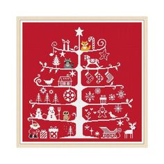 a cross stitch christmas tree on a red background