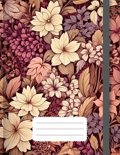 a notebook with flowers and leaves on the cover is shown in brown, pink, yellow and white colors