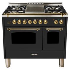 a black stove top oven with two burners and one door on each side, in front of a white background