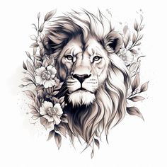 a black and white drawing of a lion with flowers